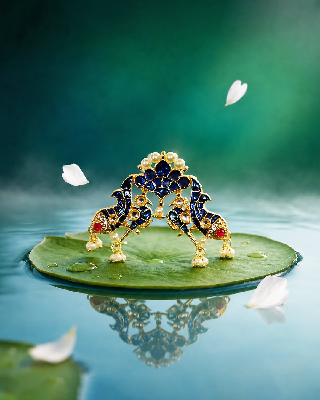 Blue-and-gold Kamal Matsya shringar arranged on a lotus leaf.