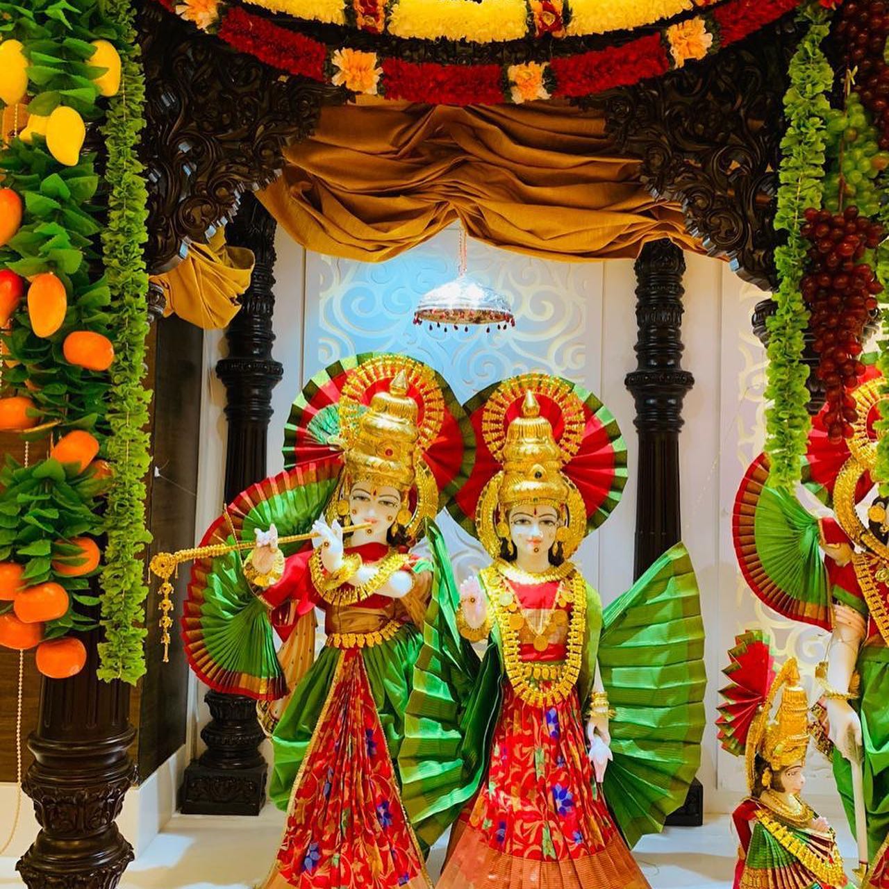 Deity Poshak and Shringar Gallery, a poshak & shringar piece associated in the caption with Radha Krishna, Krishna, shown in a 11-image Instagram carousel. Image 4 of 11.