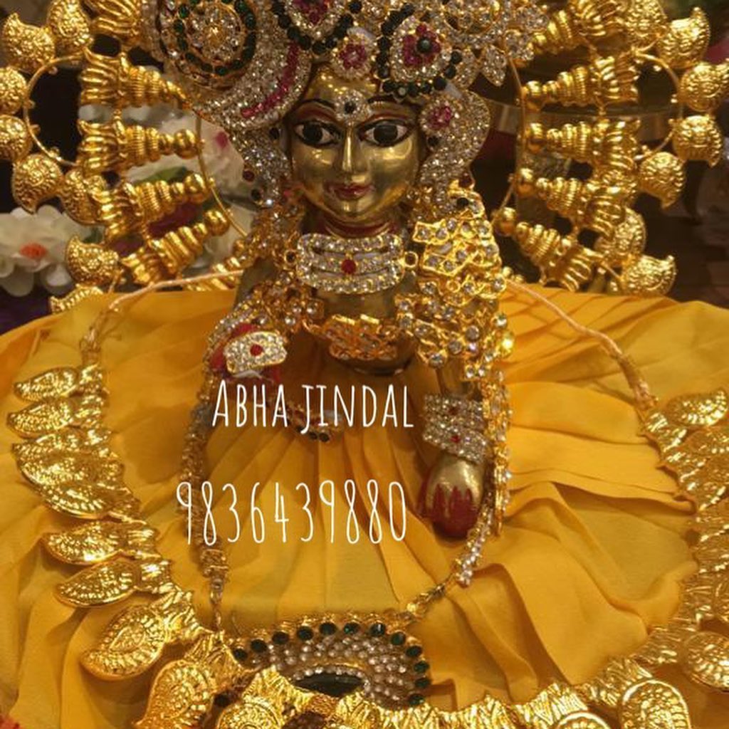 Deity Poshak and Shringar Gallery, a poshak & shringar piece associated in the caption with Radha Krishna, Krishna, shown in a 11-image Instagram carousel. Image 10 of 11.