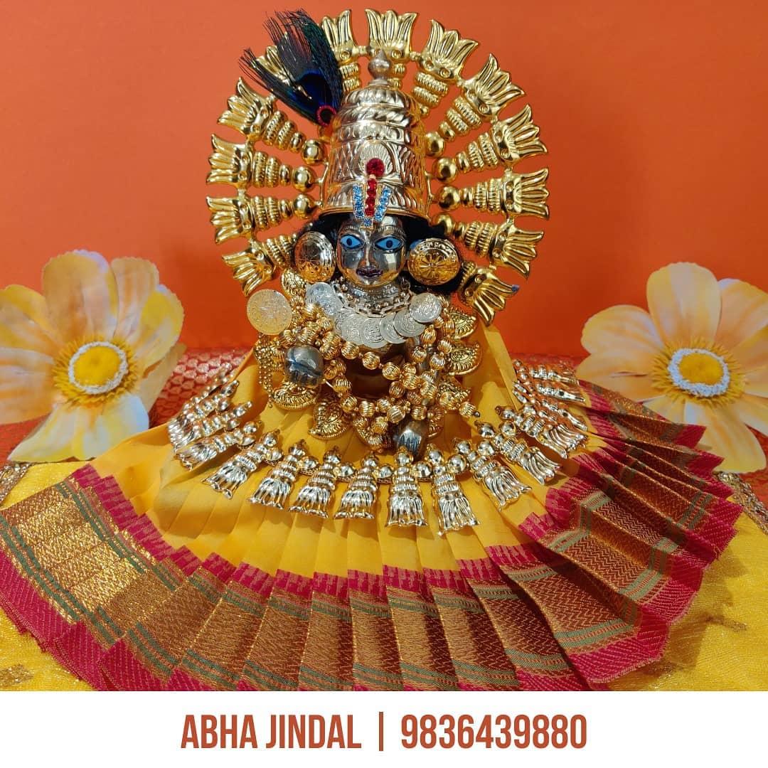 Classical South Indian Kanha Ensemble, a poshak & shringar piece associated in the caption with Krishna, shown in a 3-image Instagram carousel. Image 1 of 3.